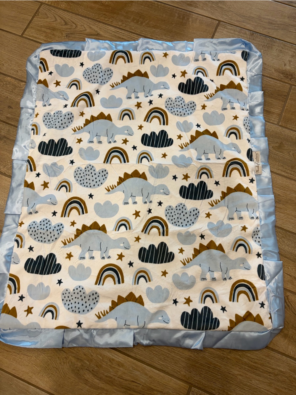 Minky Couture baby blanket featuring a blue dinosaur and rainbow 36 x 30 NEW